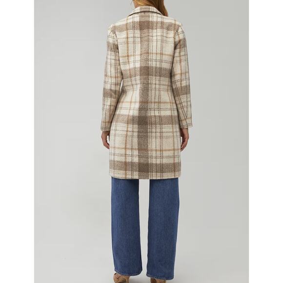 BB Dakota Plaid To Be Said Long Sleeve Notch Lapel Overcoat Peacoat Tan Large - Picture 2 of 11